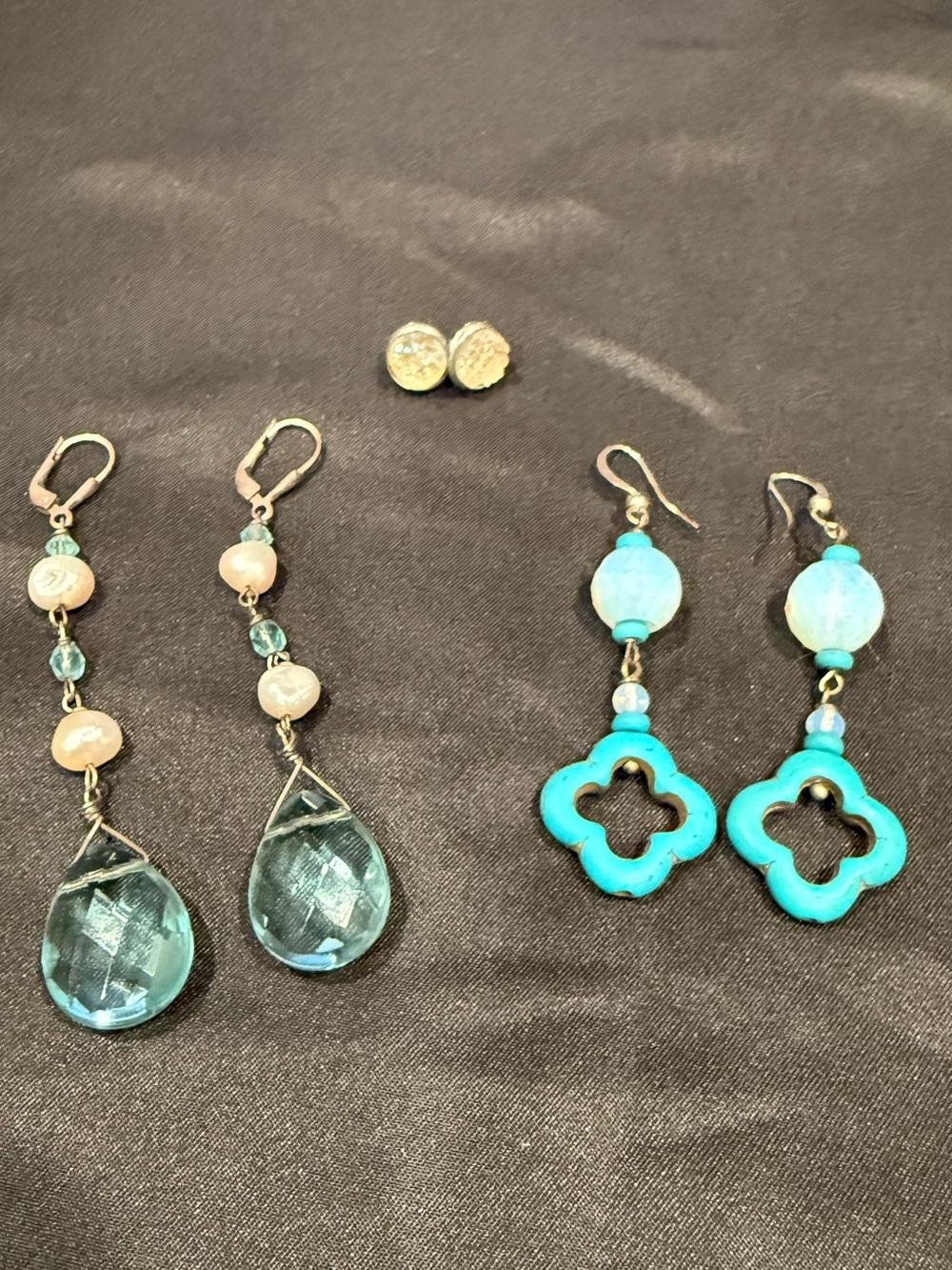 3 Pairs Earrings Druzy Quartz Studs + Blue Topaz Crystal Drops +Turquoise Clover